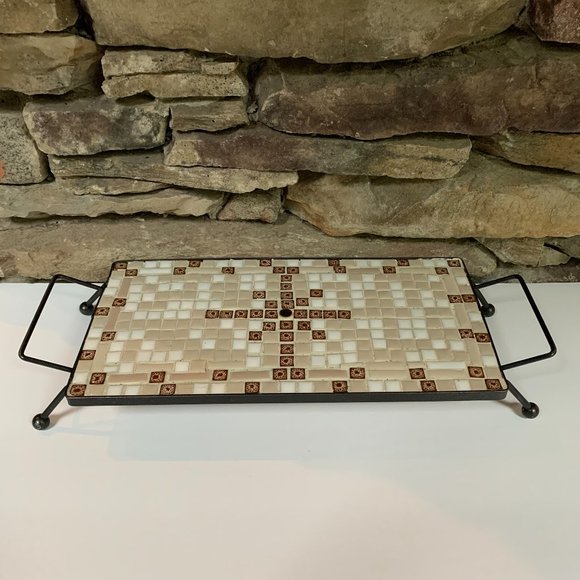 VTG Mosaic Tile Trivet Tray Ceramic Tan Brown MCM Mid-century Modern Serving - Picture 2 of 8